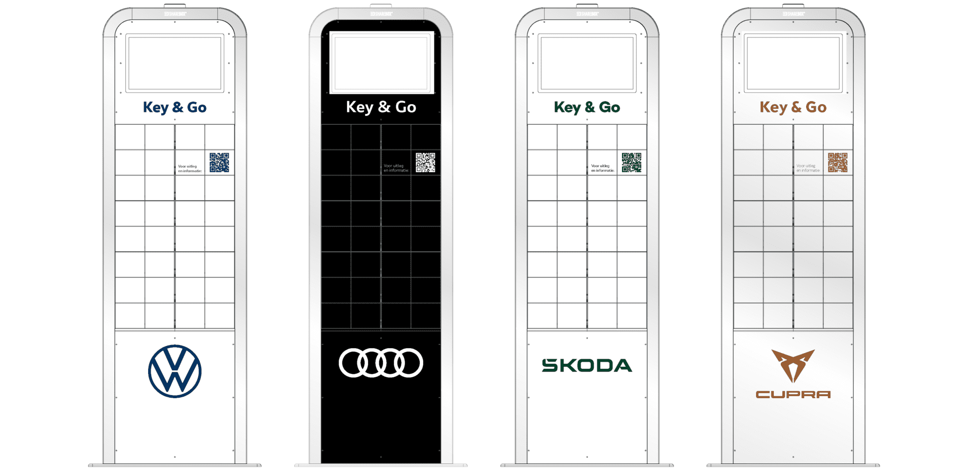 four cabinets, each branded with different car brands.